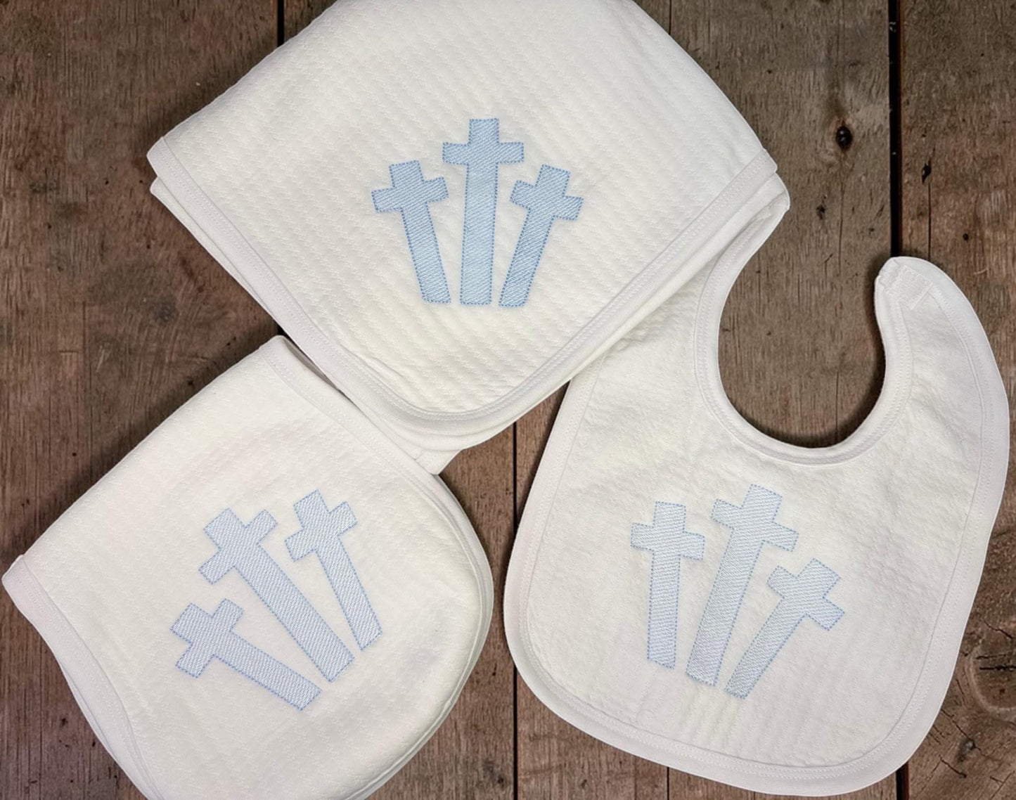 Embroidered Cross Baby Bib, Burp Cloth, Blanket Set, Baptism Gift