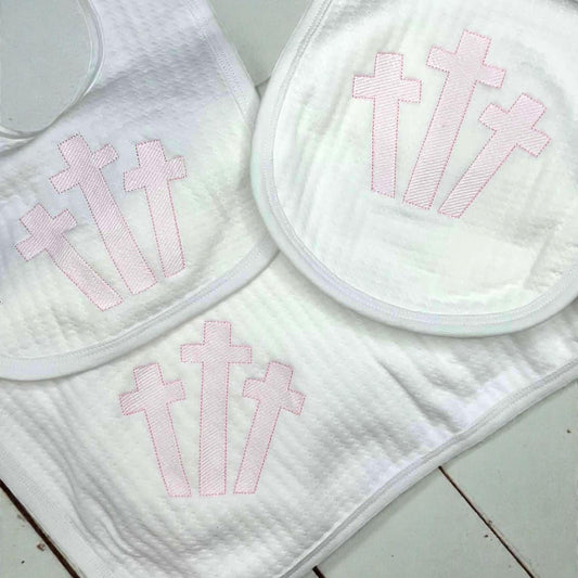 Pink Cross Embroidered Baby Bib, Burp Cloth & Blanket Set | Baptism Gift | Christening Baby Gift | Religious Baby Shower Gift