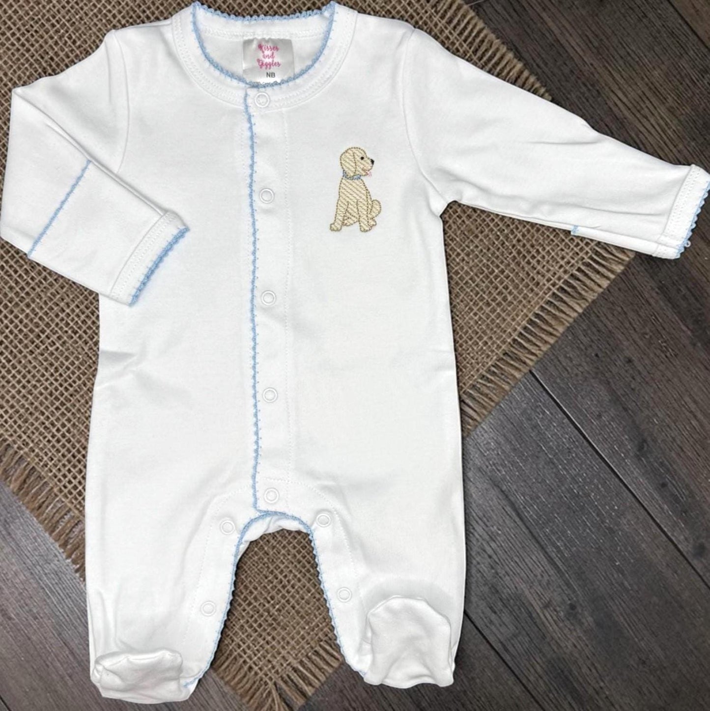 Embroidered Puppy Footie with Blue Trim, Personalized Newborn Cotton Footie