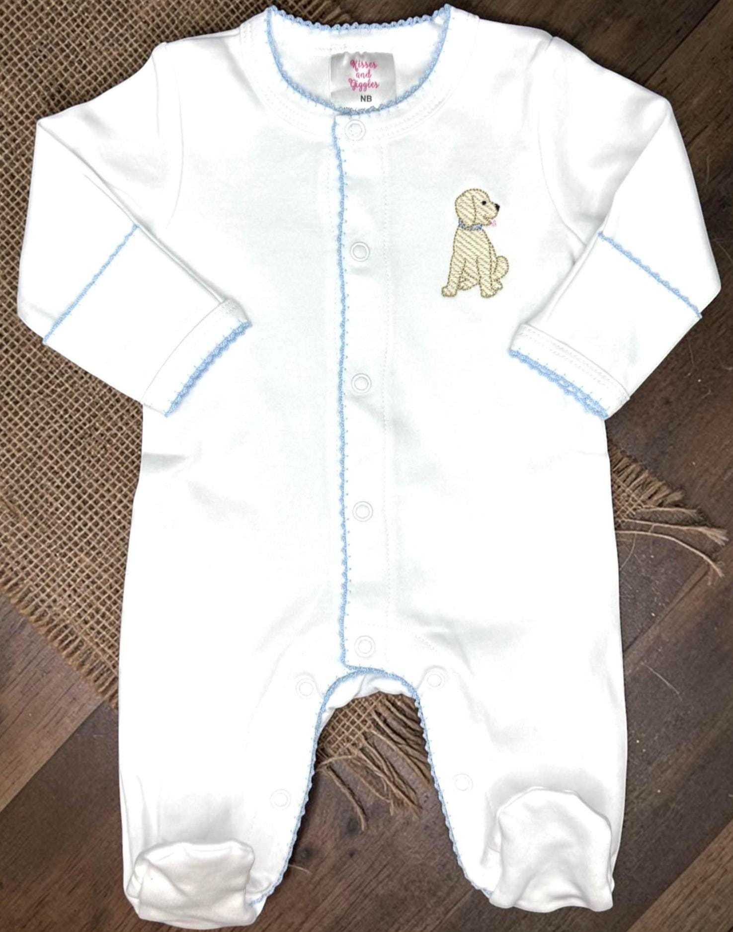Embroidered Puppy Footie with Blue Trim, Personalized Newborn Cotton Footie