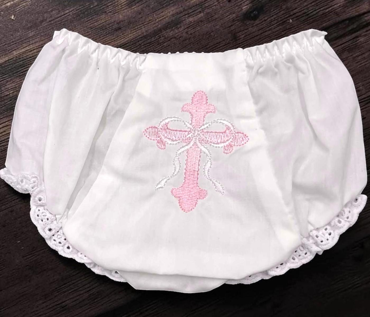 Personalized Baptism Bloomers – Baby Girl Christening Diaper Cover with Pink Cross & Bow Embroidery