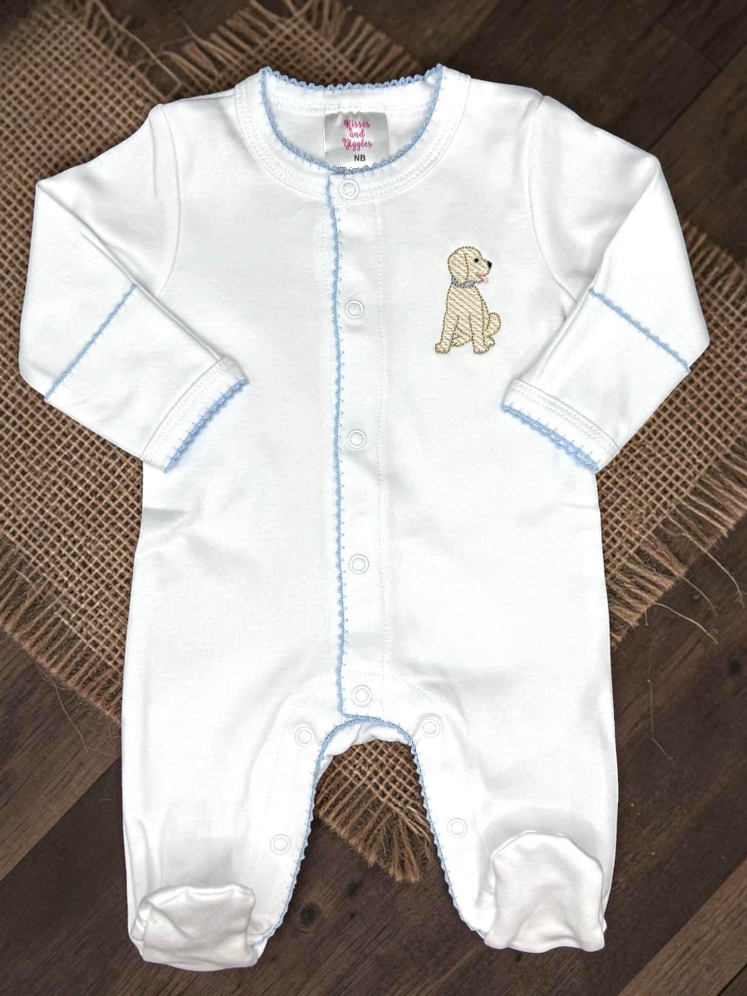 Embroidered Puppy Footie with Blue Trim, Personalized Newborn Cotton Footie