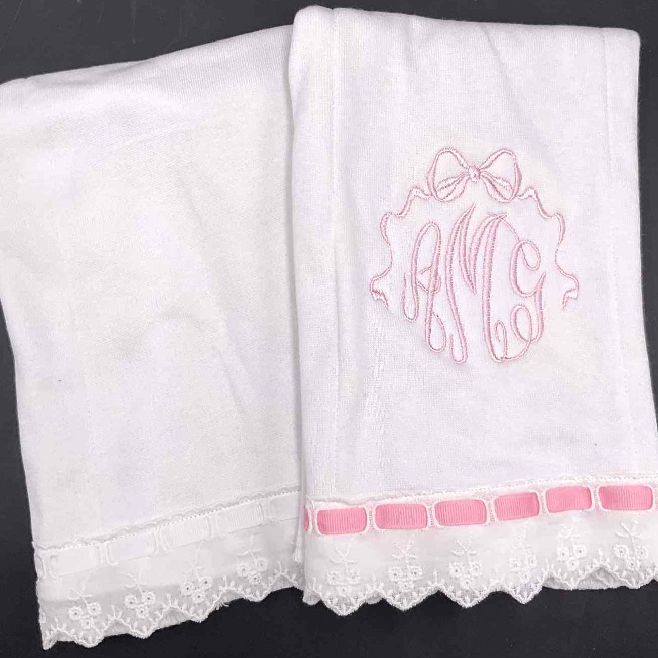 Personalized Christening Burp Cloth, Pink Lace Trim, Embroidered Monogram