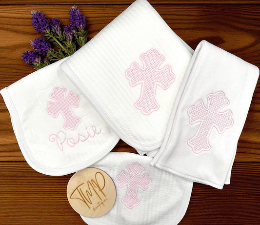 Embroidered Baby Blanket Set, Pink Cross, Christening Gift