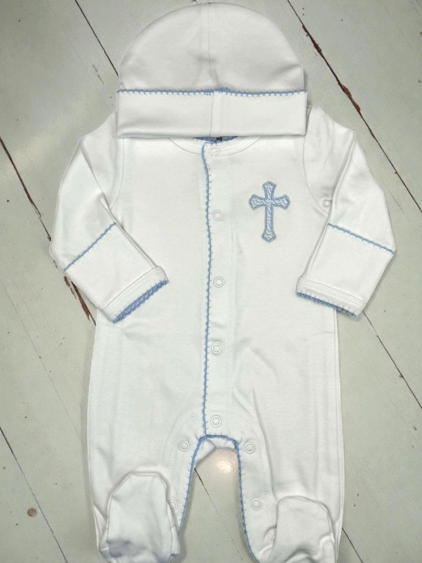 Heirloom Cross Baby Footie – Blue Picot Trim | Personalized Christian Newborn Outfit | Baptism Gift