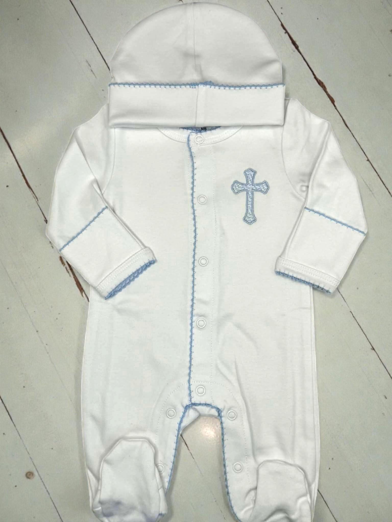 Heirloom Cross Baby Footie – Blue Picot Trim | Personalized Christian Newborn Outfit | Baptism Gift