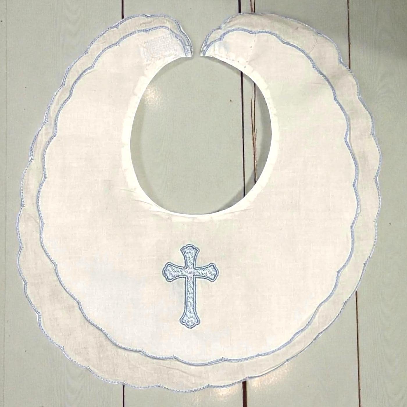 Heirloom Cross Baby Footie – Blue Picot Trim | Personalized Christian Newborn Outfit | Baptism Gift