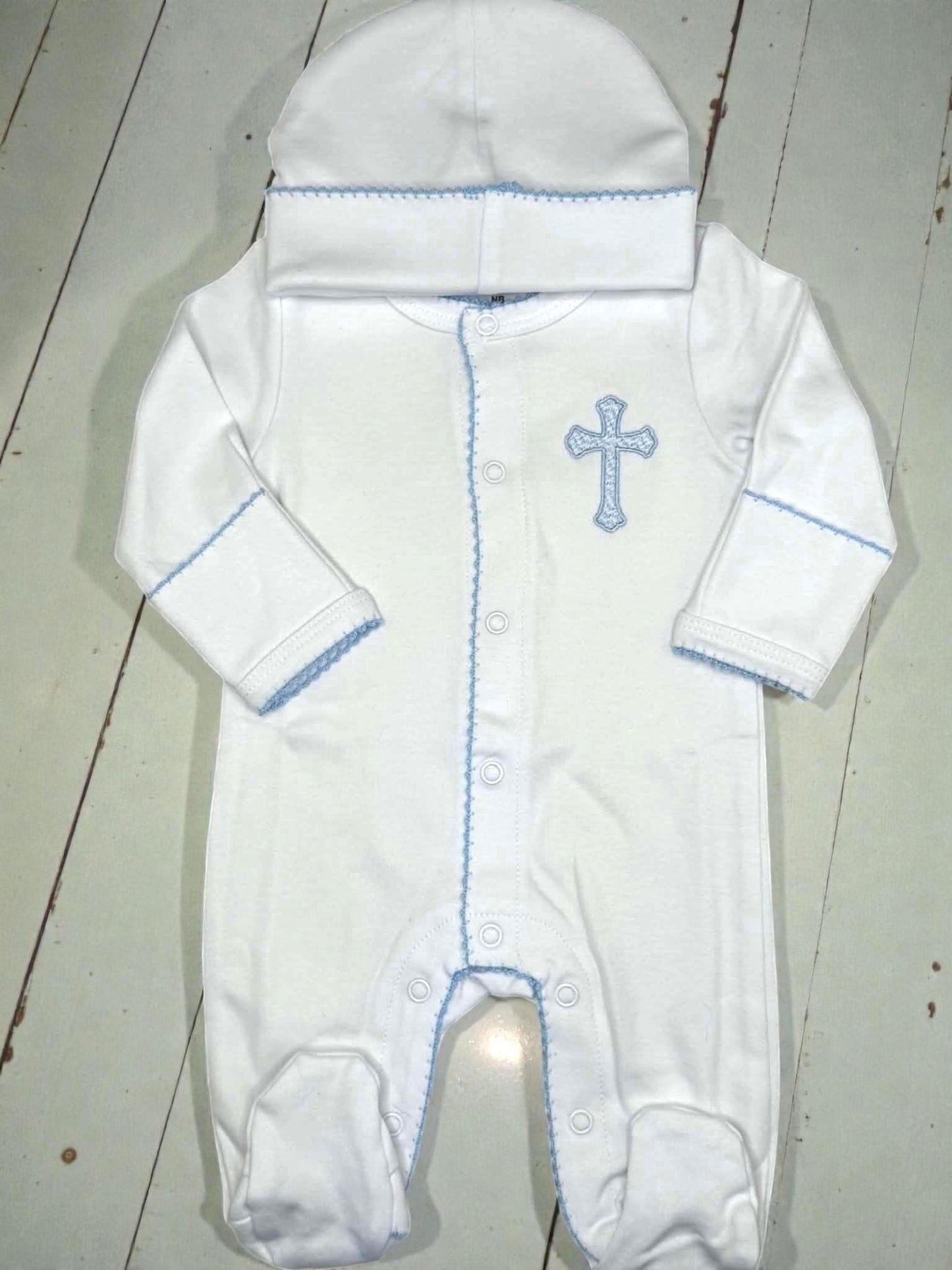 Heirloom Cross Baby Footie – Blue Picot Trim | Personalized Christian Newborn Outfit | Baptism Gift