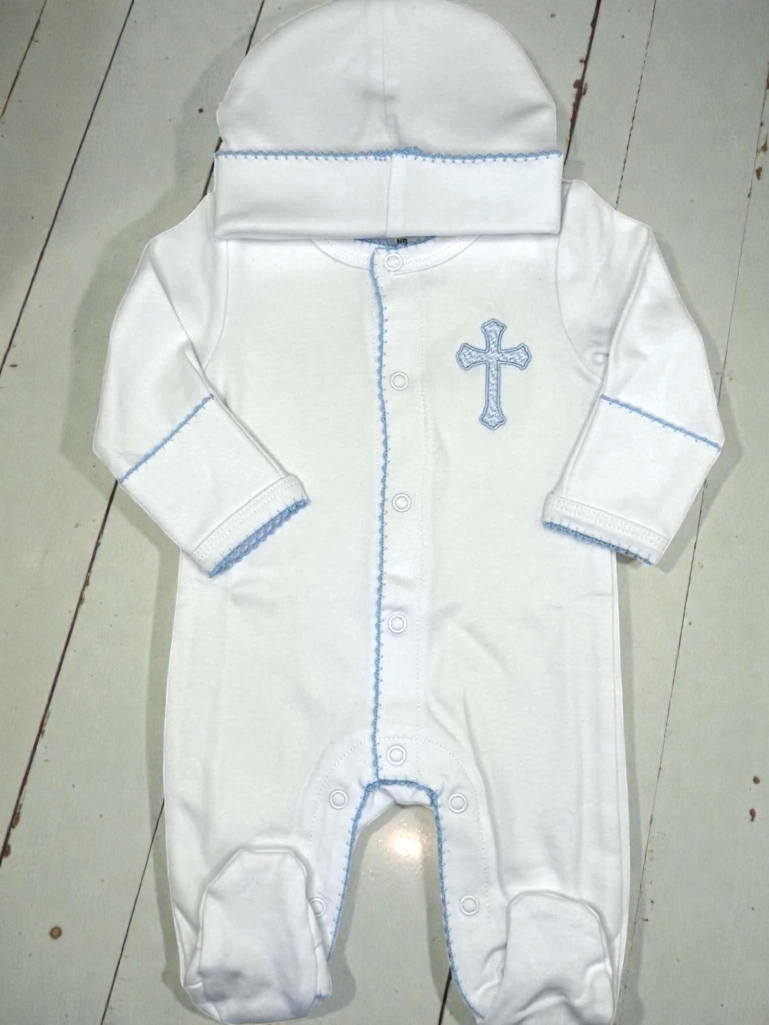 Heirloom Cross Baby Footie – Blue Picot Trim | Personalized Christian Newborn Outfit | Baptism Gift