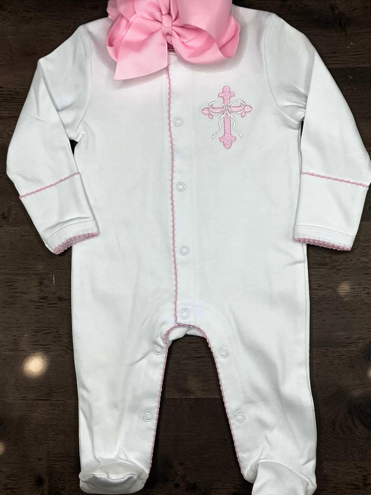 Heirloom Cross Baby Footie –Pink Picot Trim | Personalized Christian Newborn Outfit | Baptism Gift