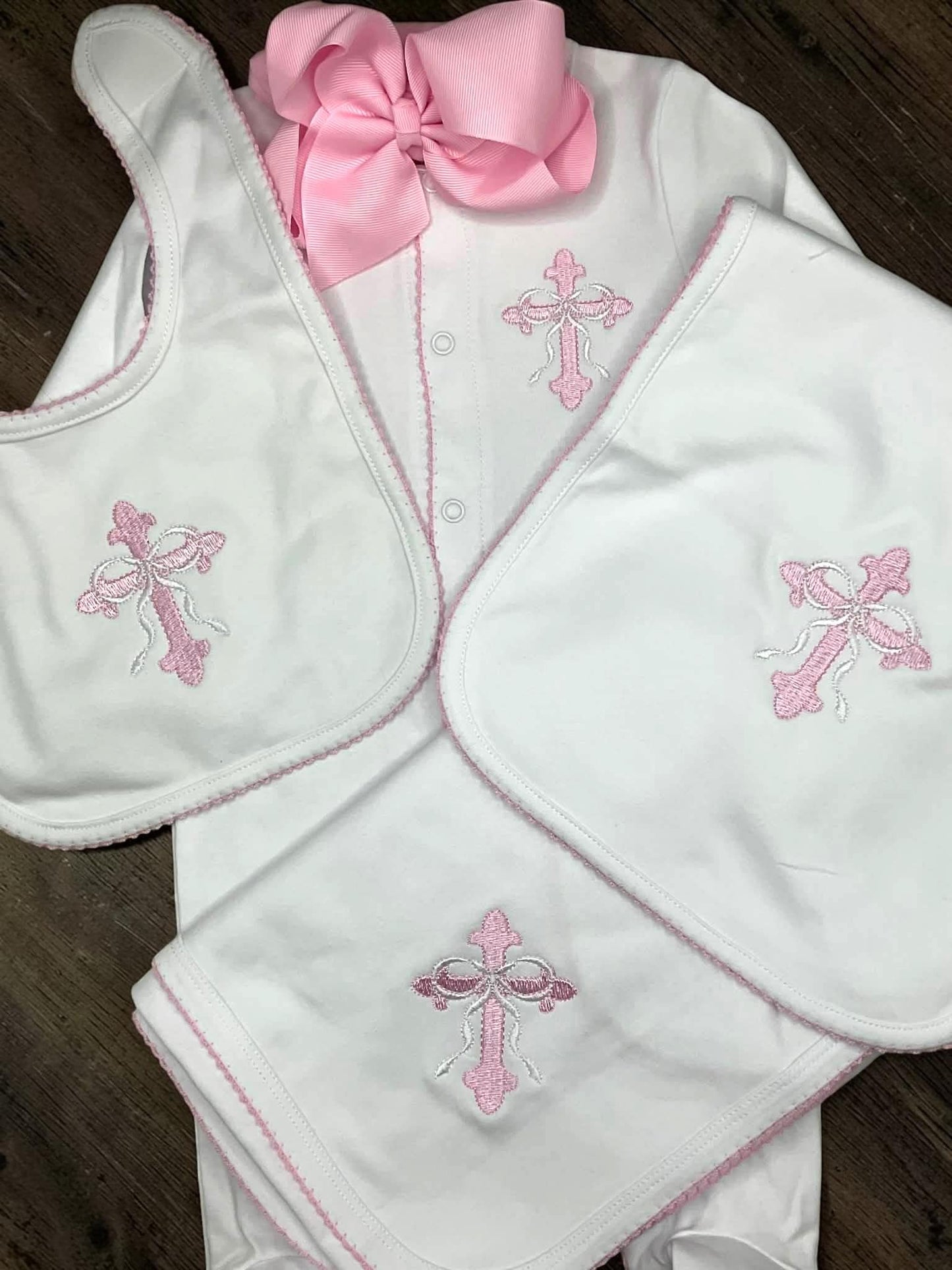 Heirloom Cross Baby Footie –Pink Picot Trim | Personalized Christian Newborn Outfit | Baptism Gift