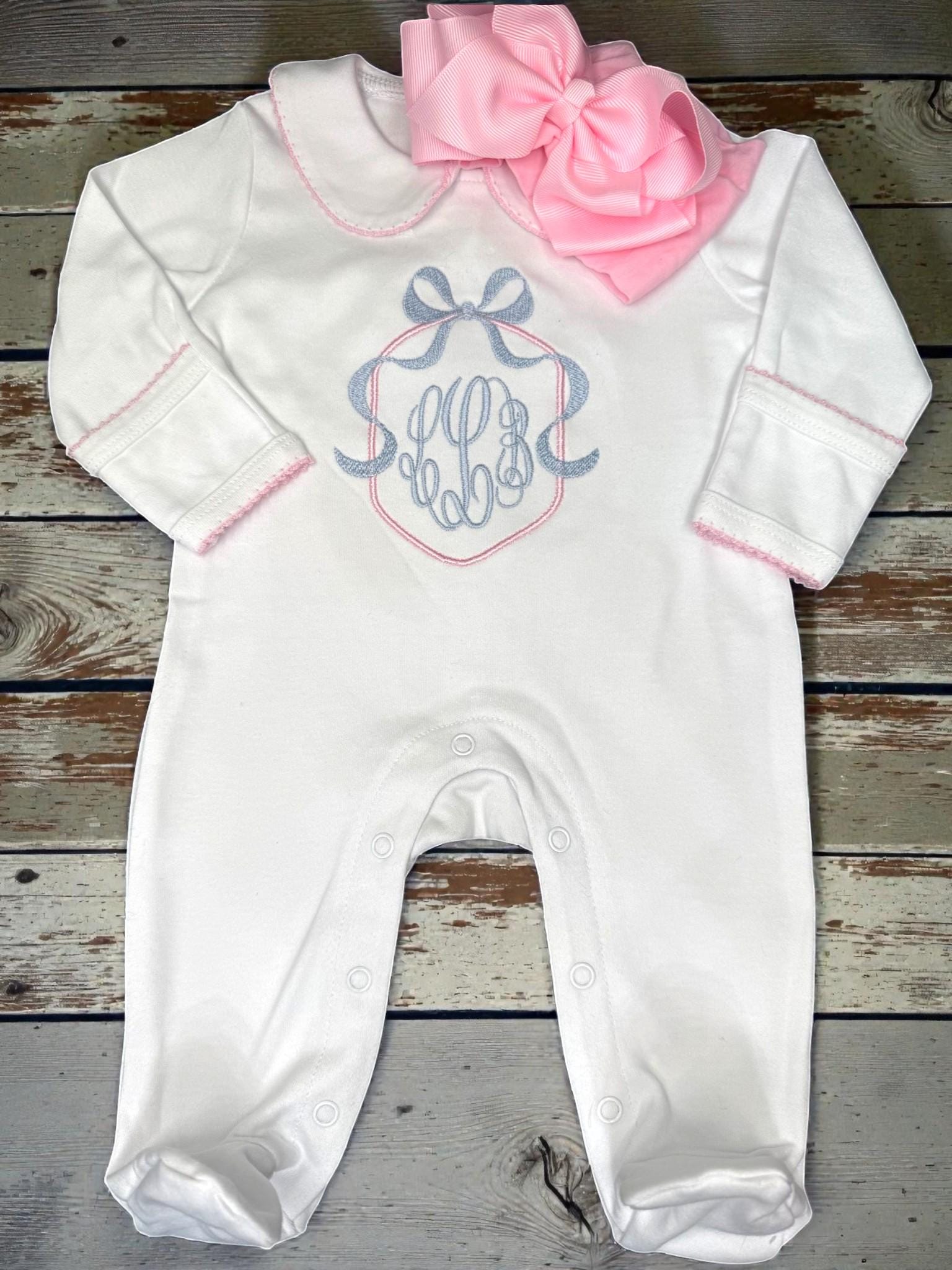 Personalized Pima Cotton Baby Girl Set, Monogram Footie, Bib, Blanket