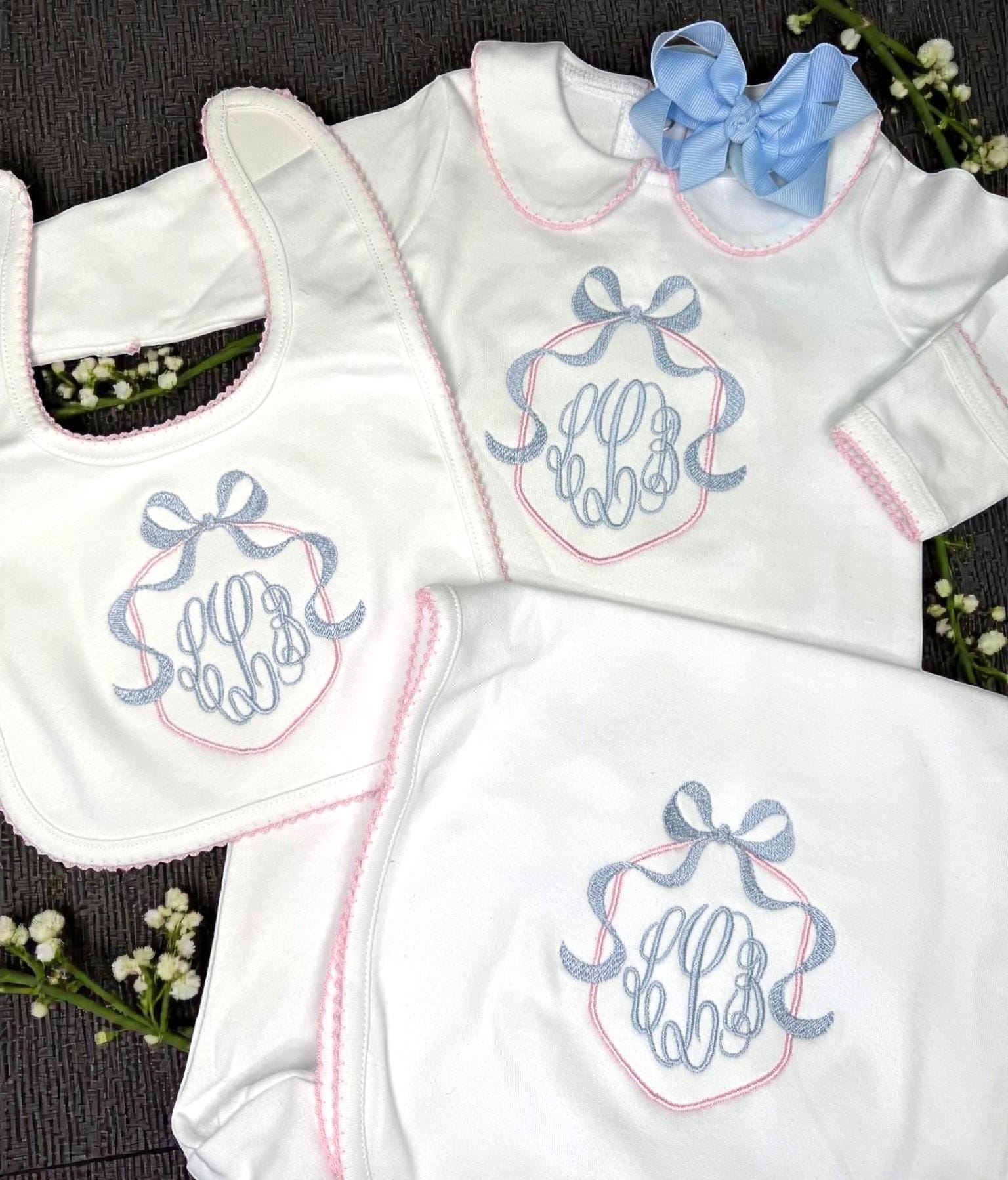 Personalized Pima Cotton Baby Girl Set, Monogram Footie, Bib, Blanket