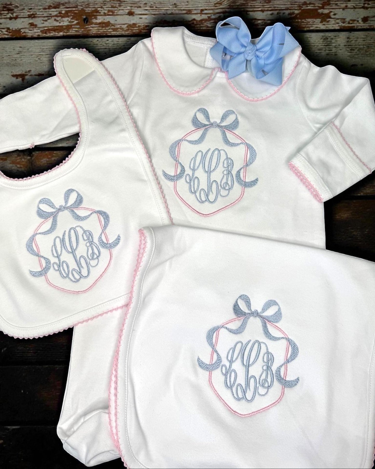 Personalized Pima Cotton Baby Girl Set, Monogram Footie, Bib, Blanket