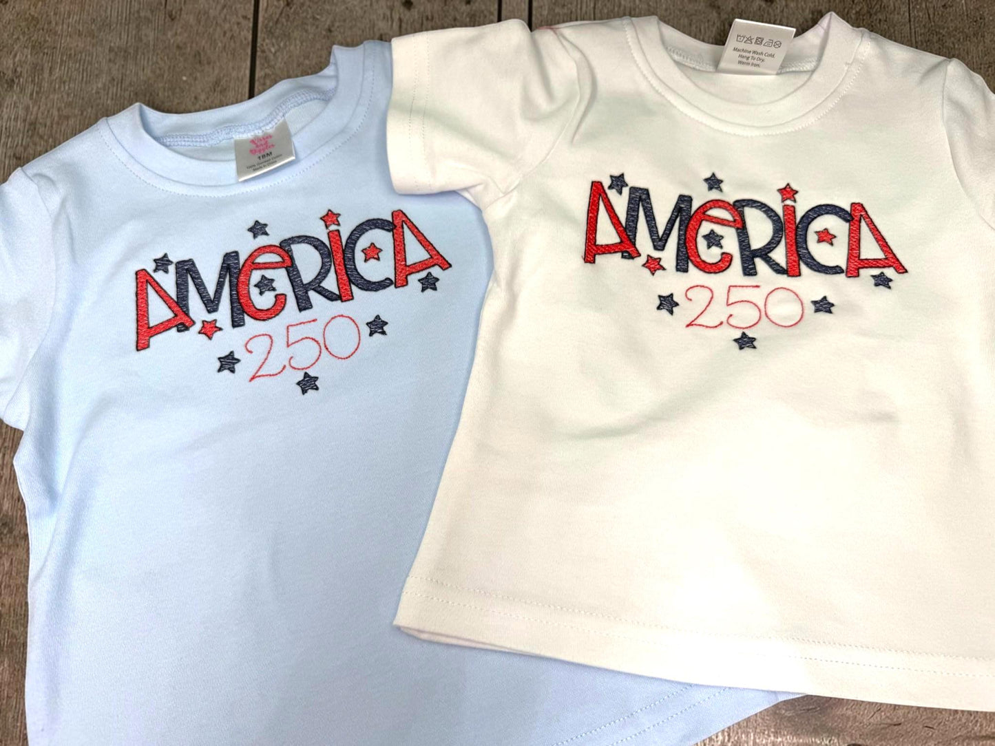 America 250 Embroidered Kids Shirt | Patriotic Red White Blue Stars Tee