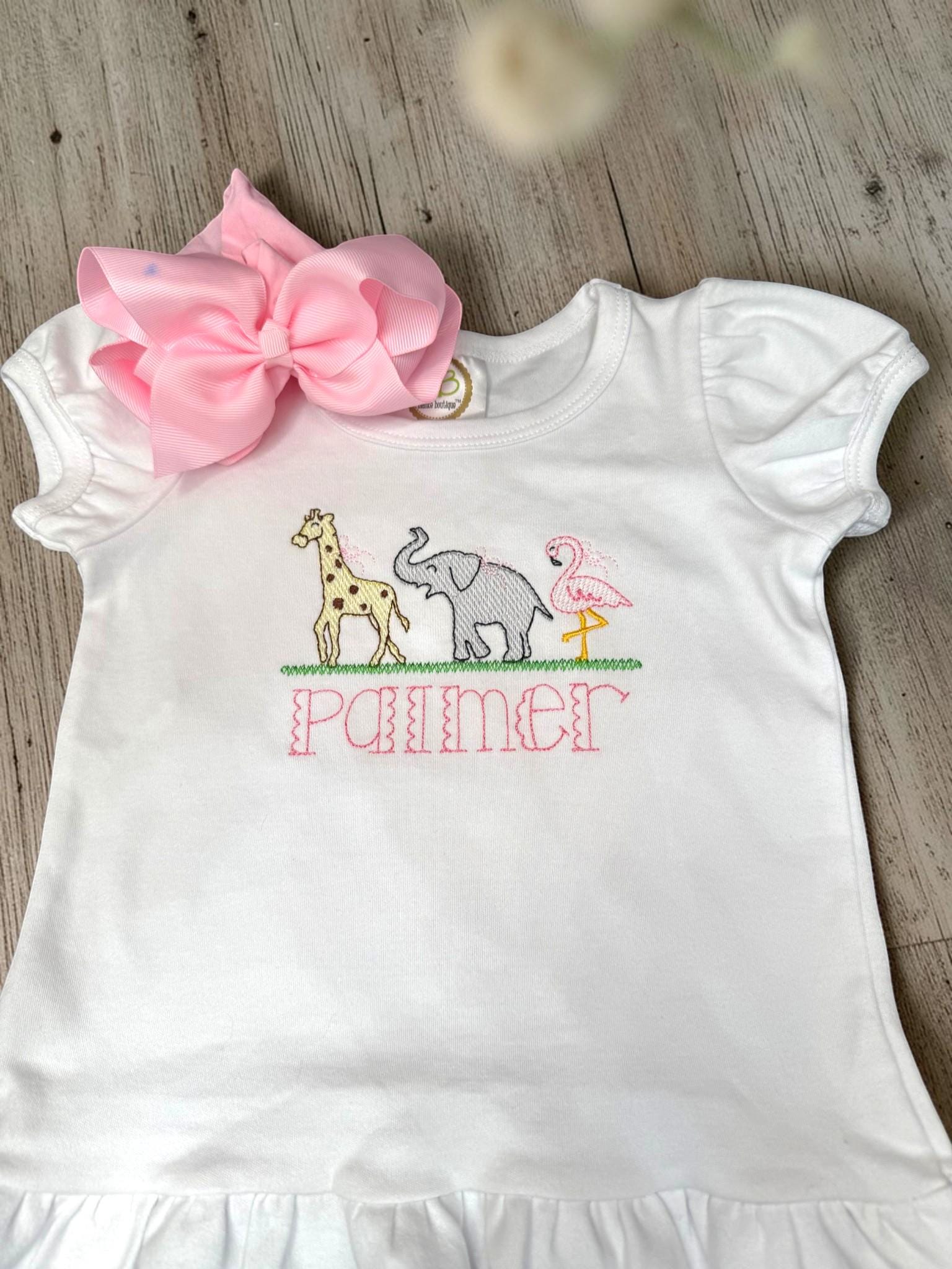 Personalized Safari Animals Ruffle Shirt for Girls | Embroidered Giraffe Elephant Flamingo Top