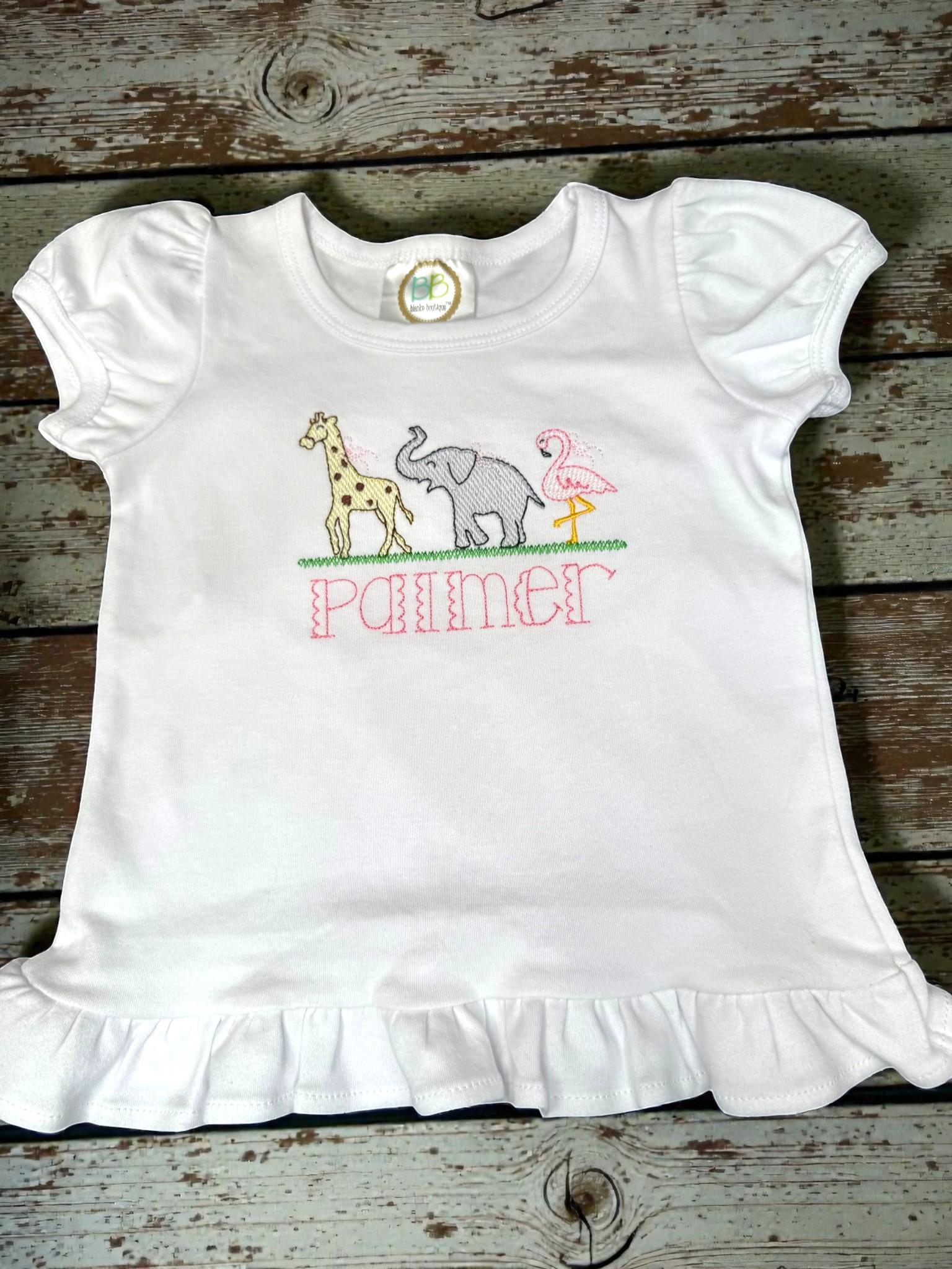Personalized Safari Animals Ruffle Shirt for Girls | Embroidered Giraffe Elephant Flamingo Top
