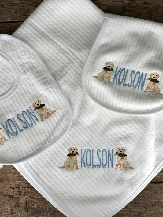 Personalized Puppy Baby Gift Set – Embroidered Jacquard Cotton Bib, Burp Cloth, Blanket