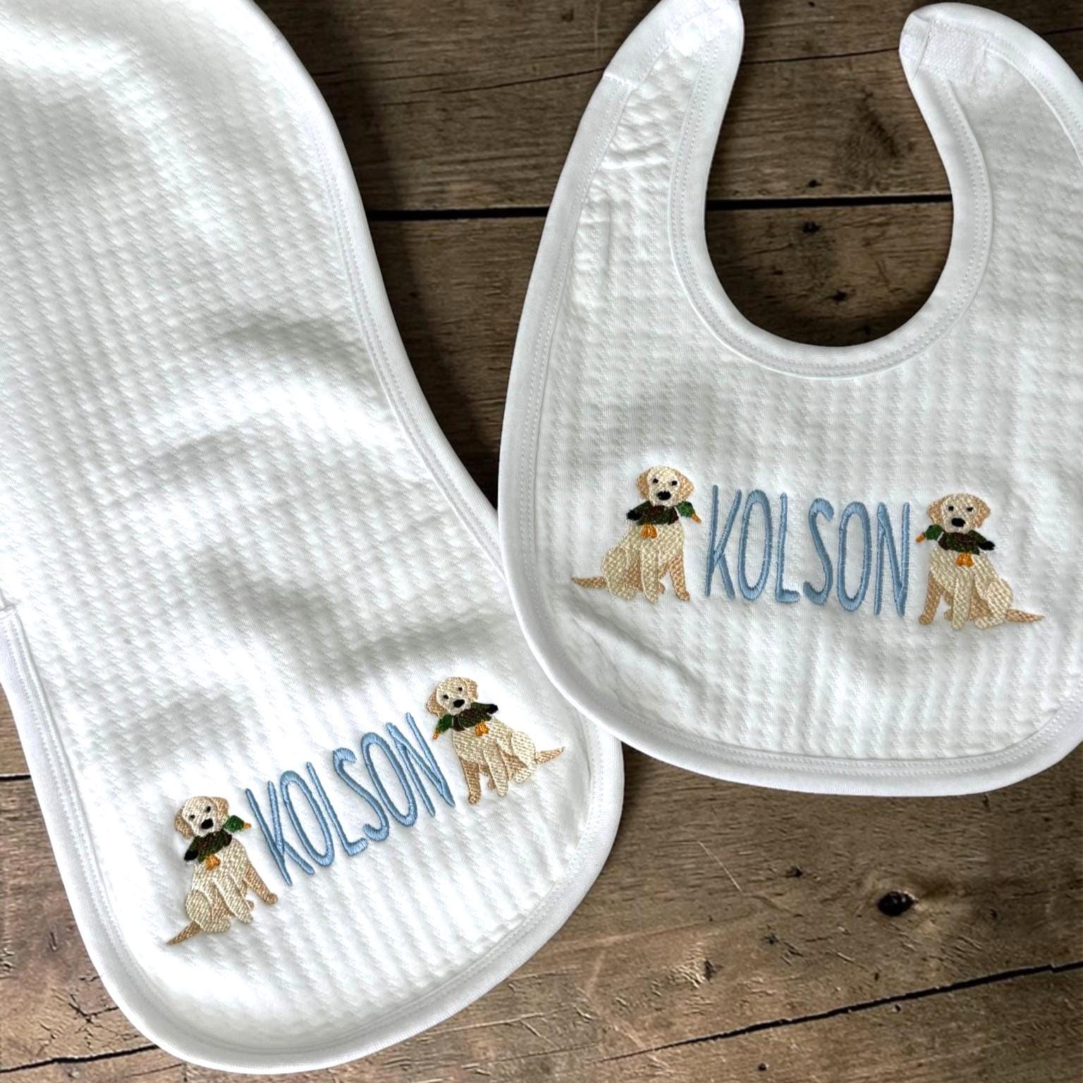 Personalized Puppy Baby Gift Set – Embroidered Jacquard Cotton Bib, Burp Cloth, Blanket