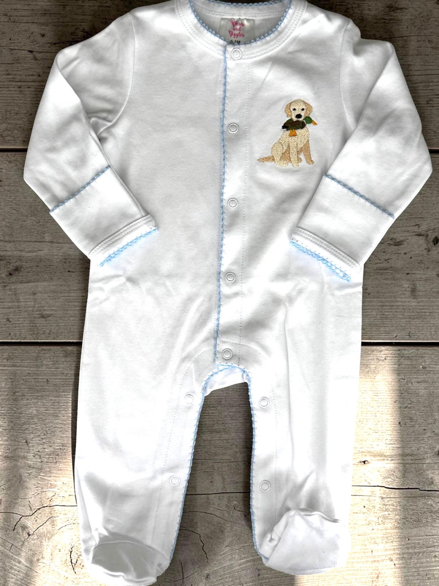 Embroidered Puppy with Duck Footie, Blue Picot Trim, Personalized Newborn Cotton Footie