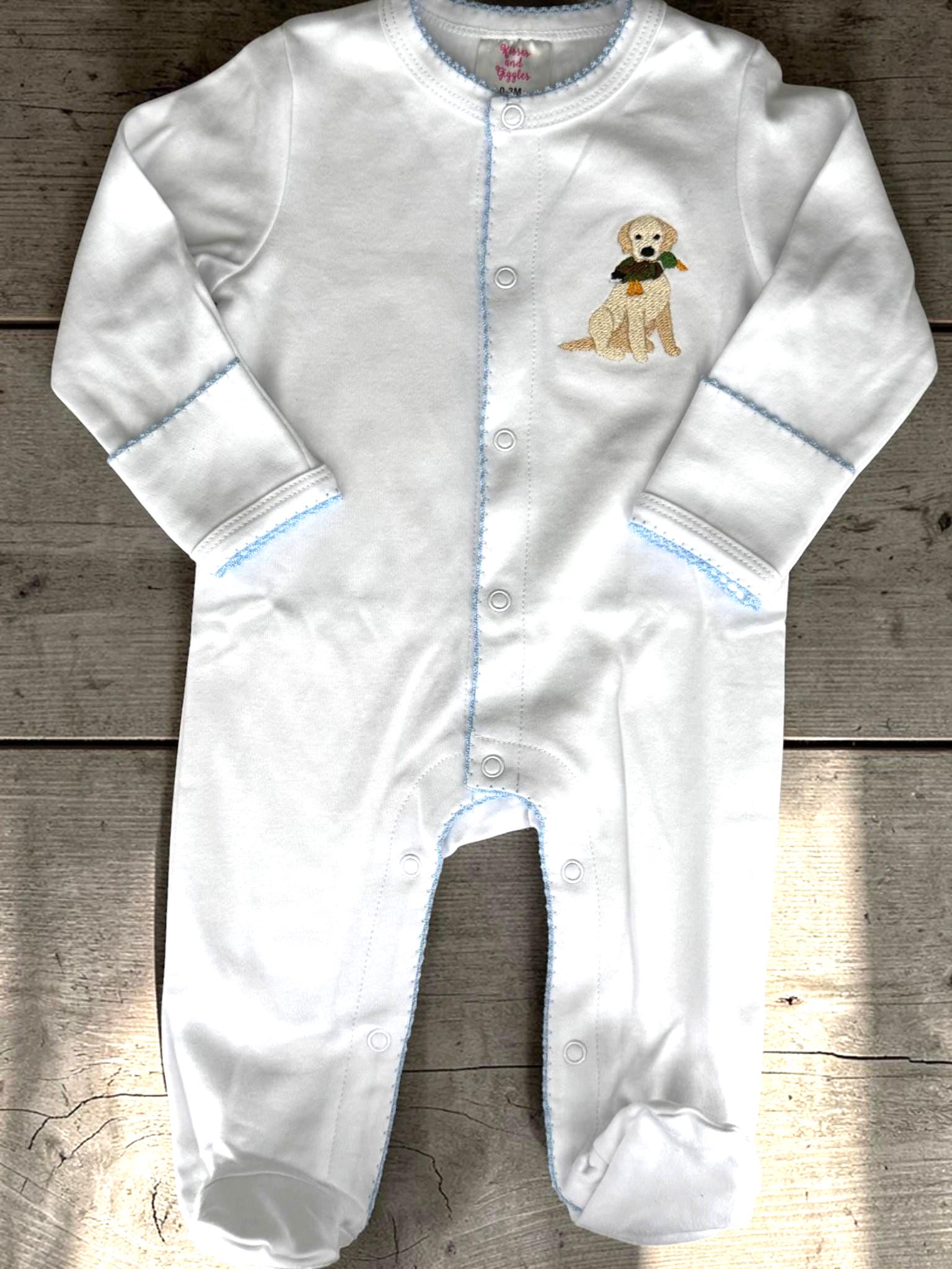 Embroidered Puppy with Duck Footie, Blue Picot Trim, Personalized Newborn Cotton Footie