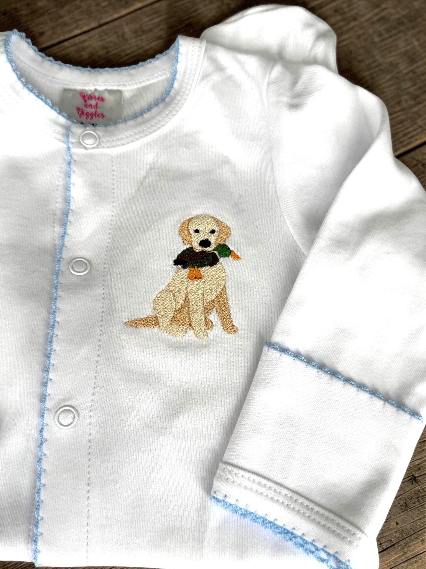 Embroidered Puppy with Duck Footie, Blue Picot Trim, Personalized Newborn Cotton Footie