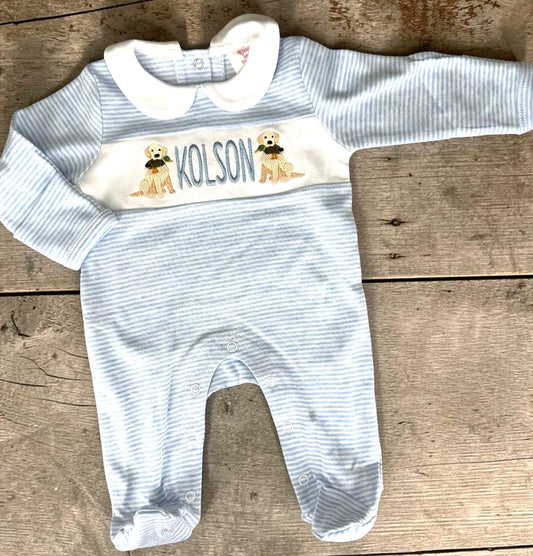 Personalized Puppy & Duck Baby Footie, Baby Blanket Bib Burp Cloth, Boy Newborn Gift