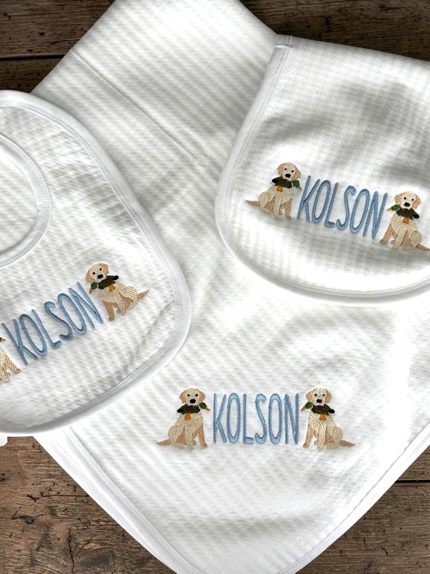 Personalized Puppy & Duck Baby Footie, Baby Blanket Bib Burp Cloth, Boy Newborn Gift