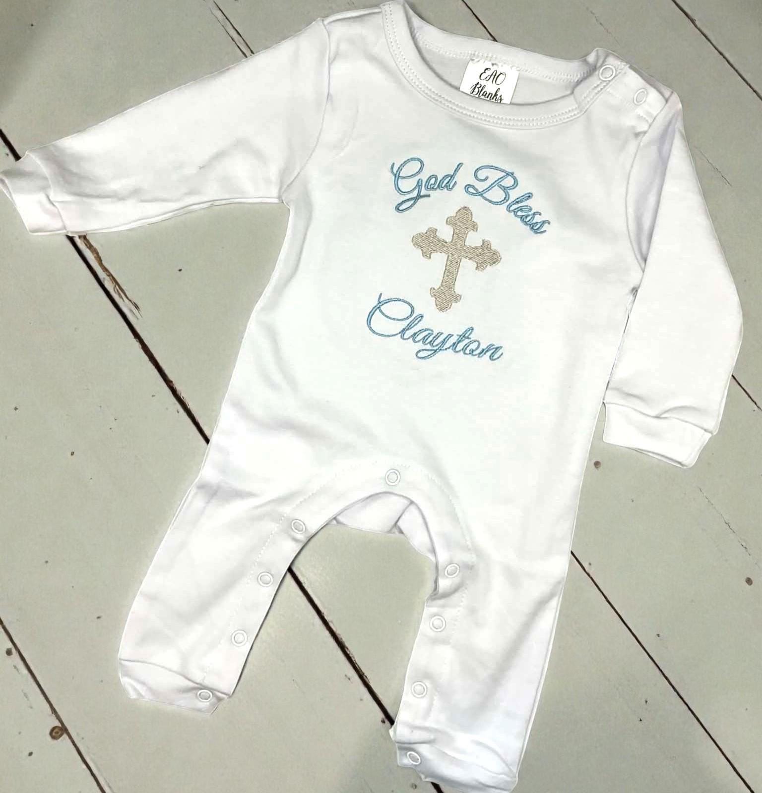 Personalized God Bless Baby Romper | Embroidered Cross Christening Outfit