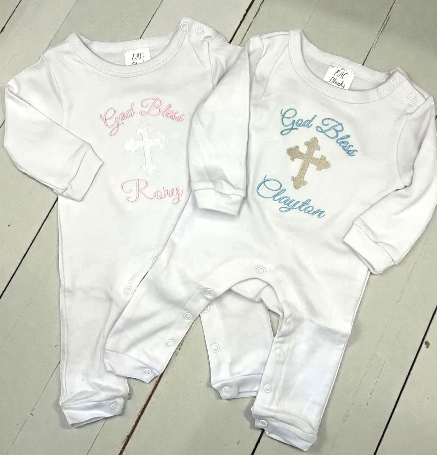 Personalized God Bless Baby Girl Romper | Embroidered Cross Christening Outfit
