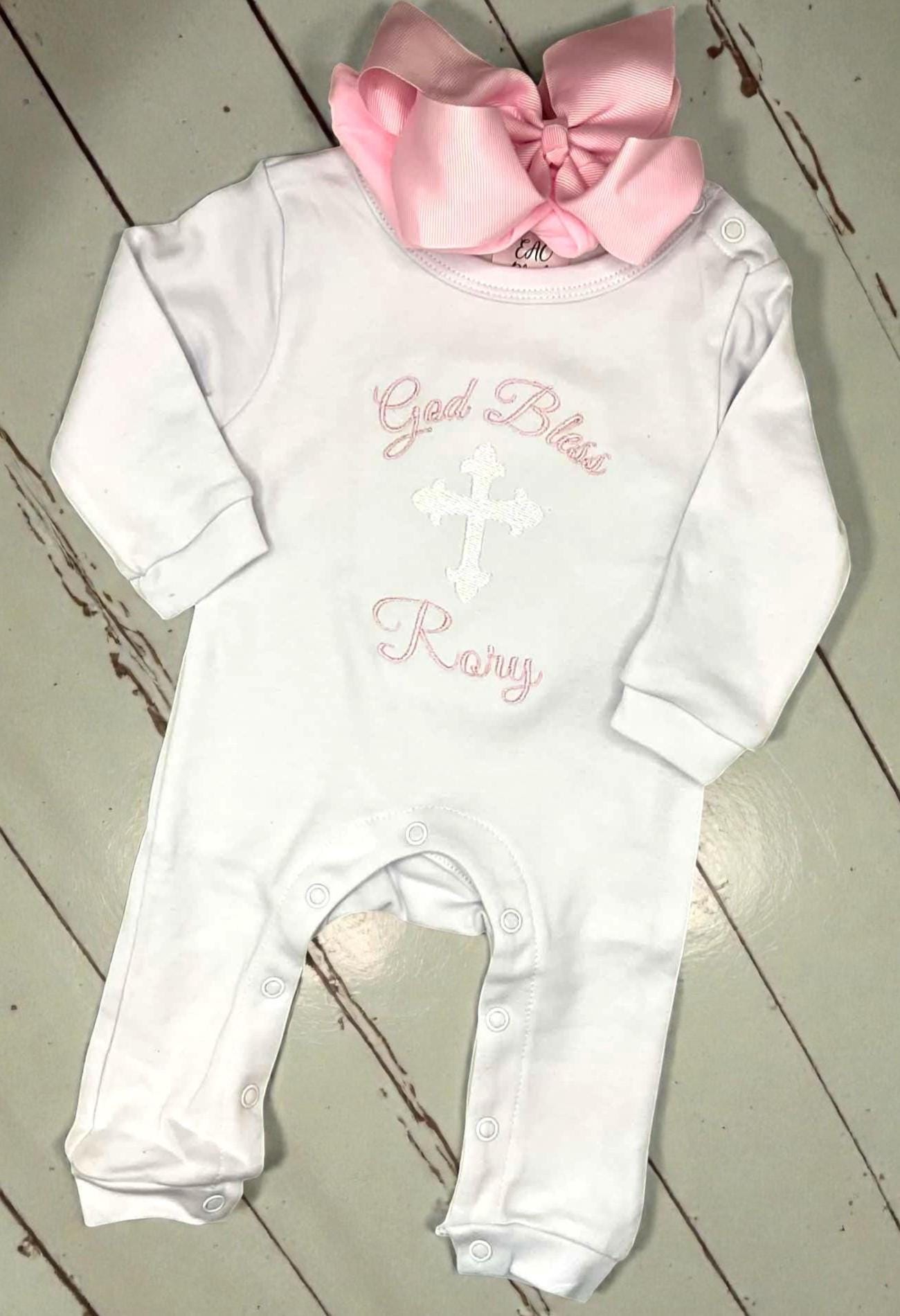 Personalized God Bless Baby Girl Romper | Embroidered Cross Christening Outfit