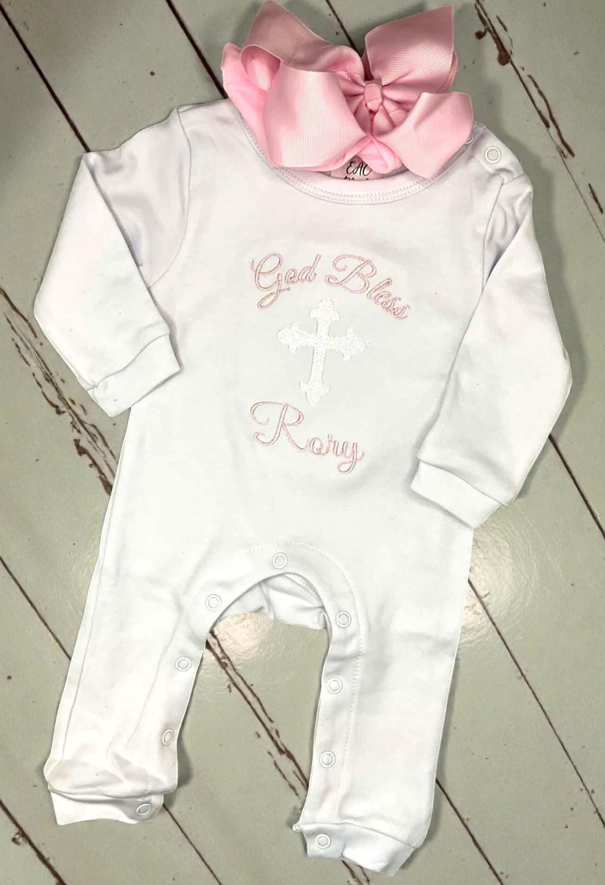Personalized God Bless Baby Girl Romper | Embroidered Cross Christening Outfit
