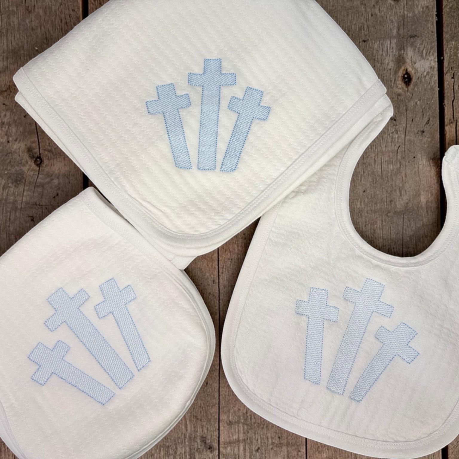 Embroidered Cross Baby Bib, Burp Cloth, Blanket Set, Baptism Gift