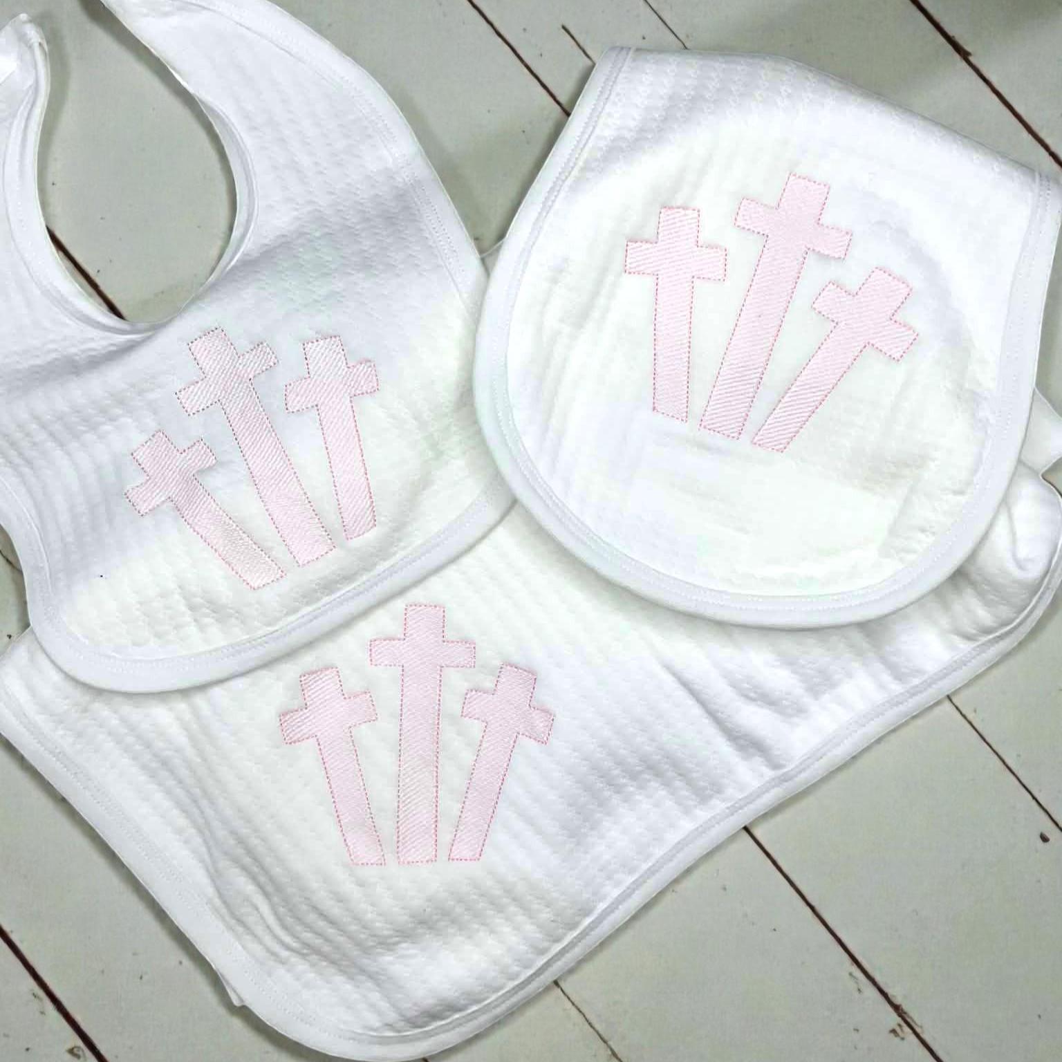 Pink Cross Embroidered Baby Bib, Burp Cloth & Blanket Set | Baptism Gift | Christening Baby Gift | Religious Baby Shower Gift