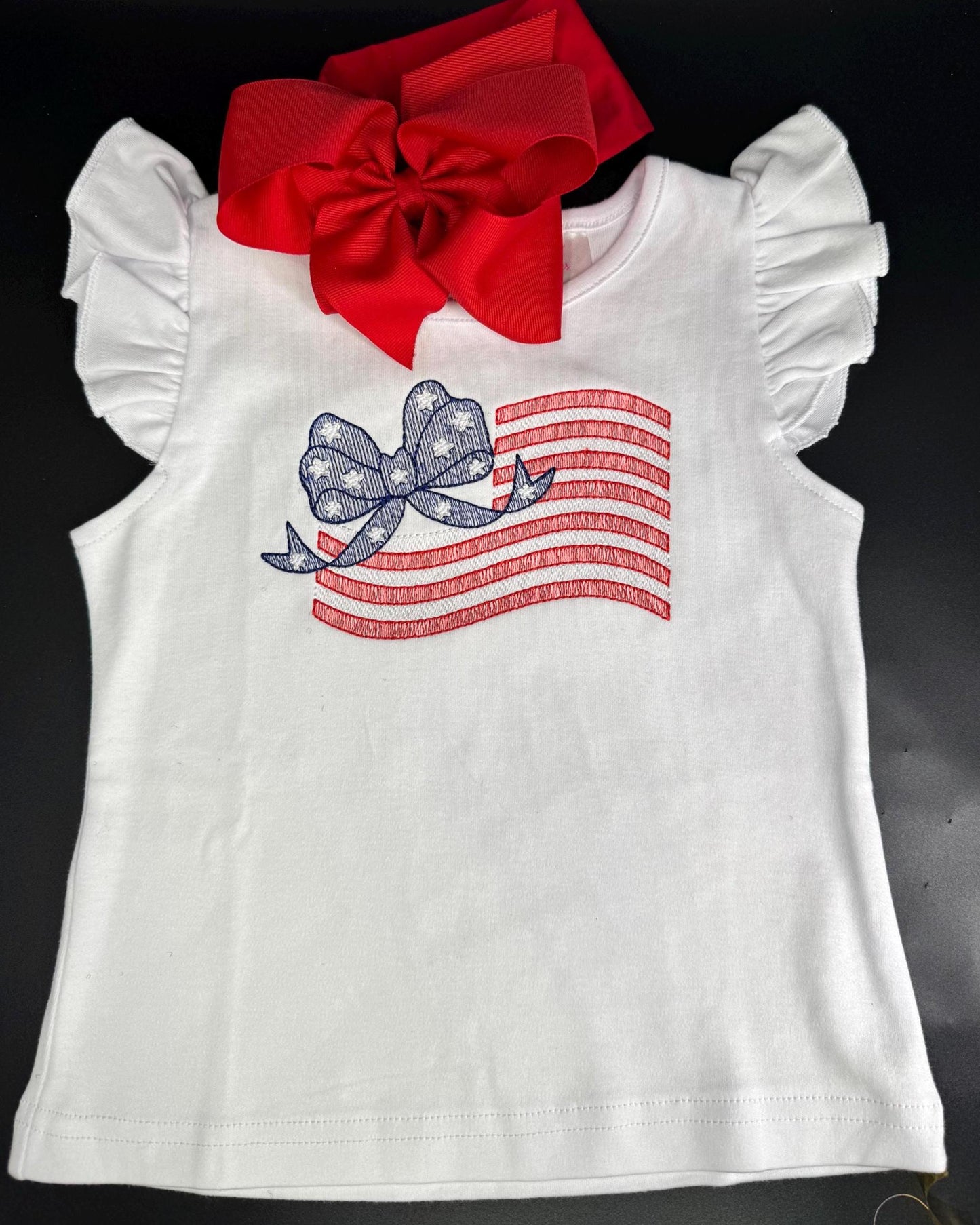 Girls Angel Sleeve Shirt | Embroidered American Flag Bow Top, Red White Blue