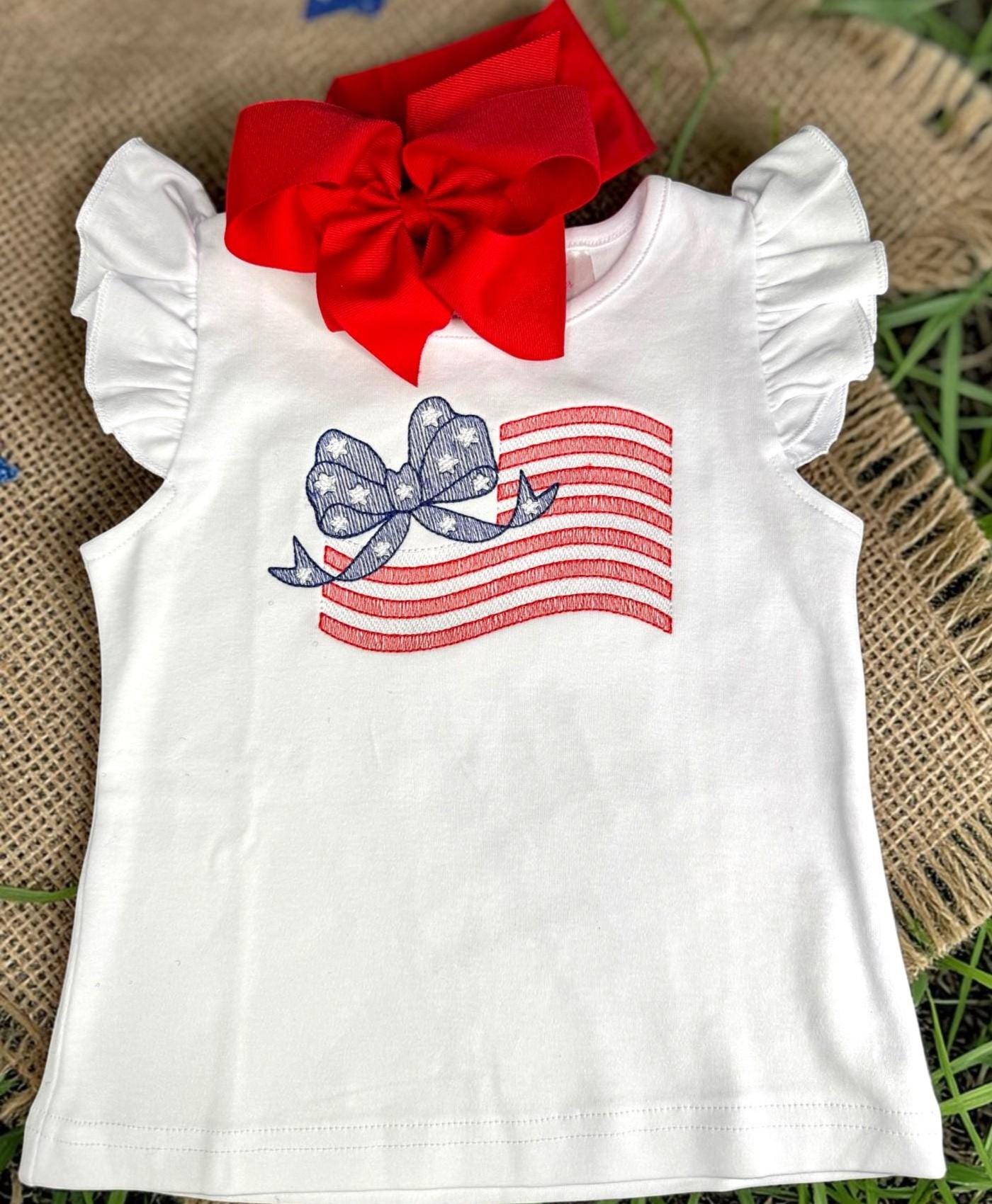 Girls Angel Sleeve Shirt | Embroidered American Flag Bow Top, Red White Blue