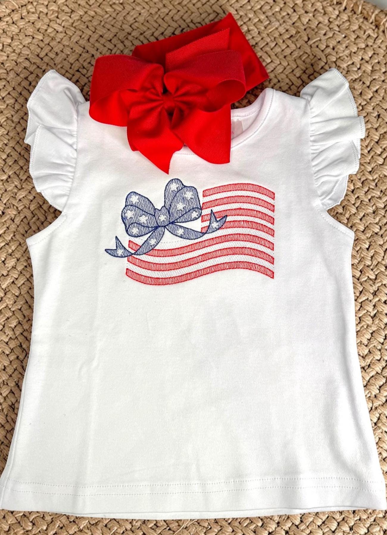 Girls Angel Sleeve Shirt | Embroidered American Flag Bow Top, Red White Blue