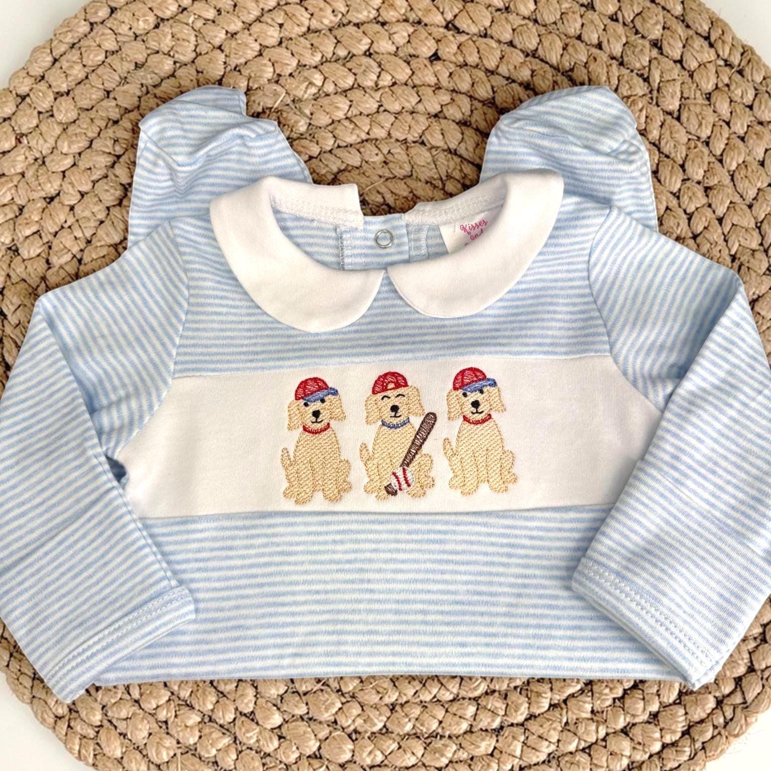 Striped Baby Boy Footie | Baseball Puppy Embroidered Outfit | Newborn Coming Home Outfit | Infant Romper