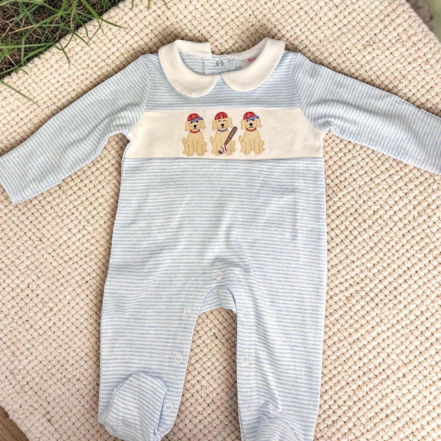 Striped Baby Boy Footie | Baseball Puppy Embroidered Outfit | Newborn Coming Home Outfit | Infant Romper