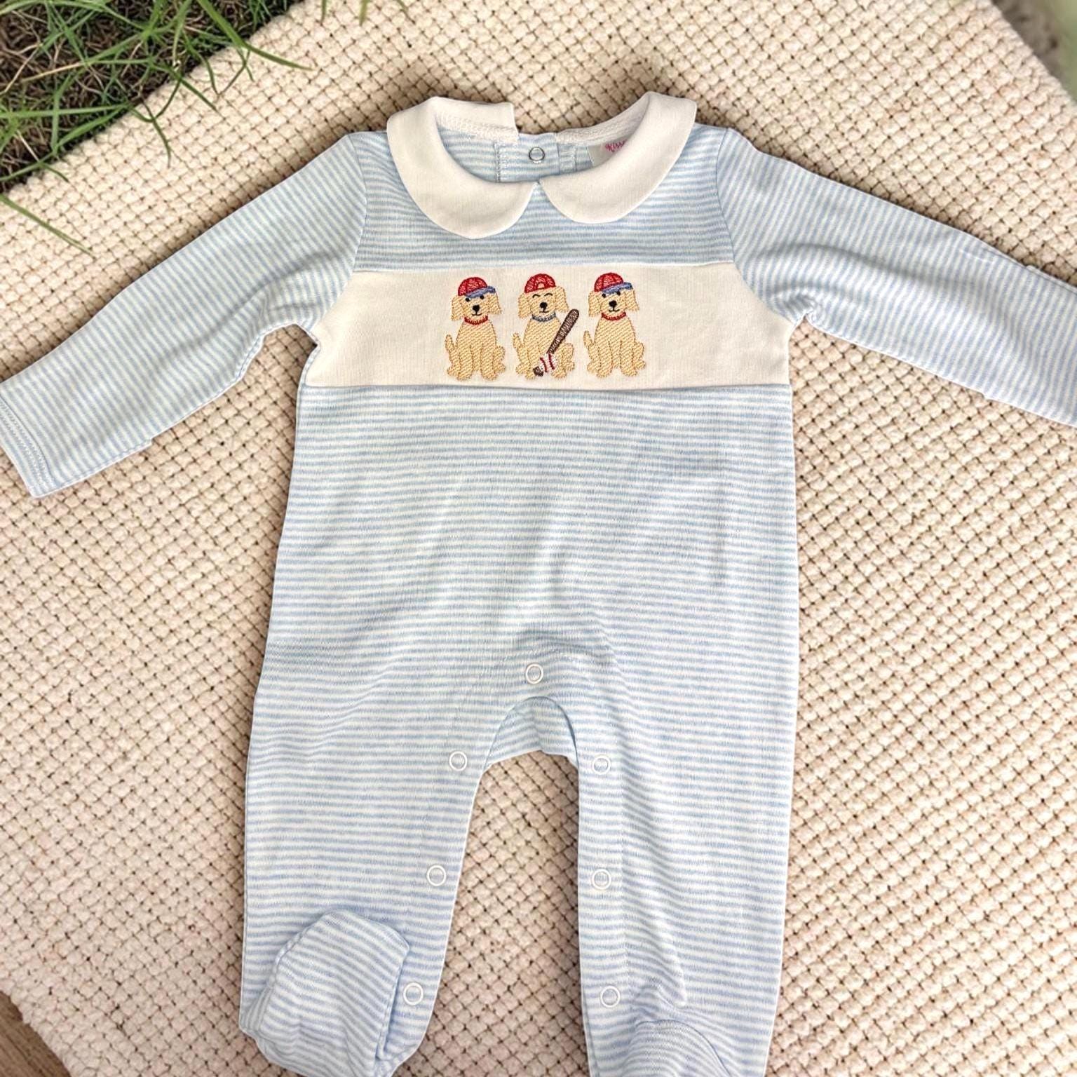 Striped Baby Boy Footie | Baseball Puppy Embroidered Outfit | Newborn Coming Home Outfit | Infant Romper