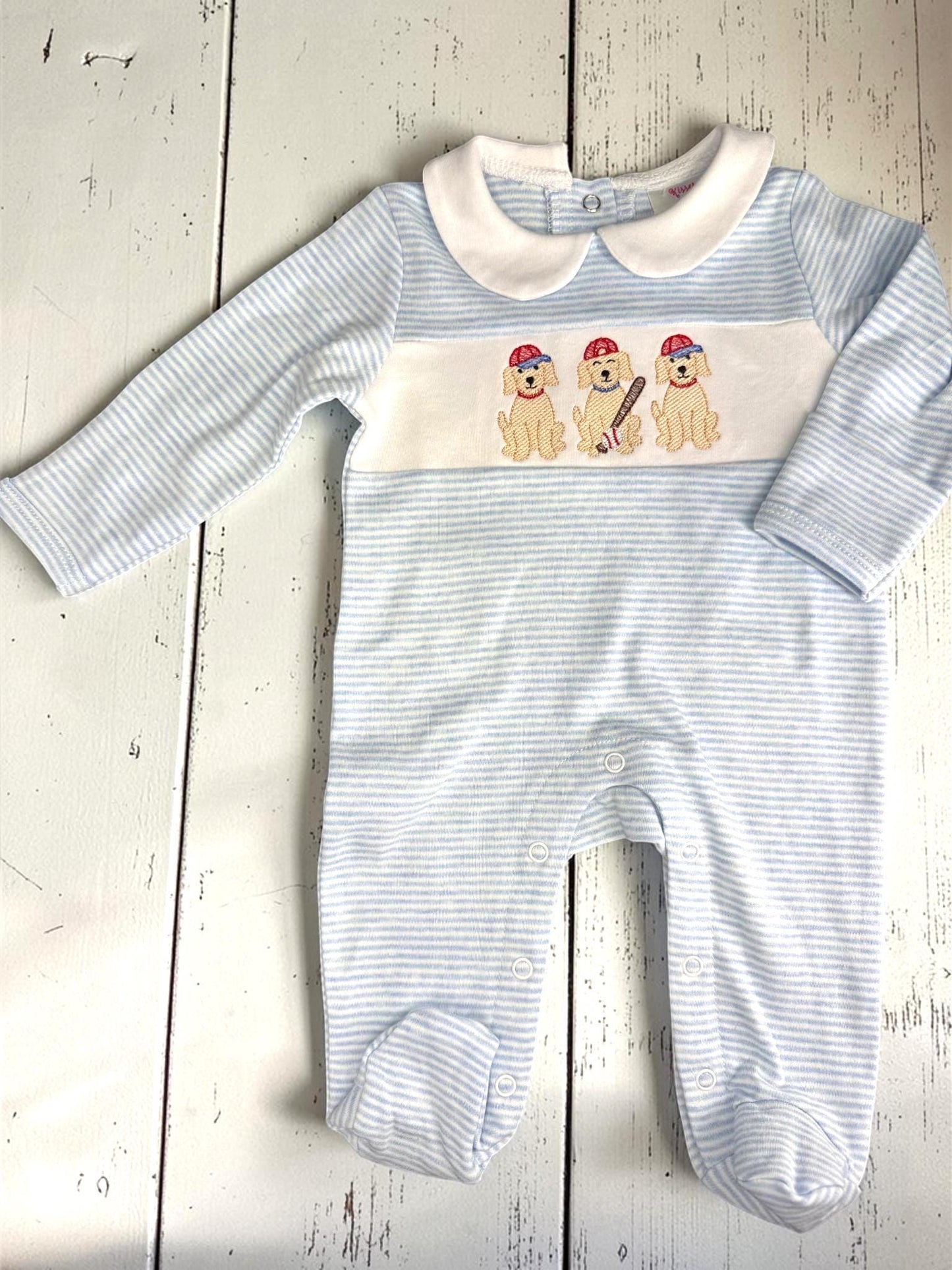 Striped Baby Boy Footie | Baseball Puppy Embroidered Outfit | Newborn Coming Home Outfit | Infant Romper