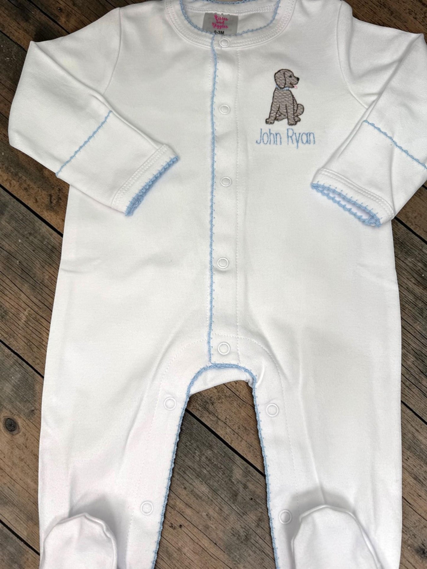 Embroidered Puppy Footie with Blue Trim, Personalized Newborn Cotton Footie