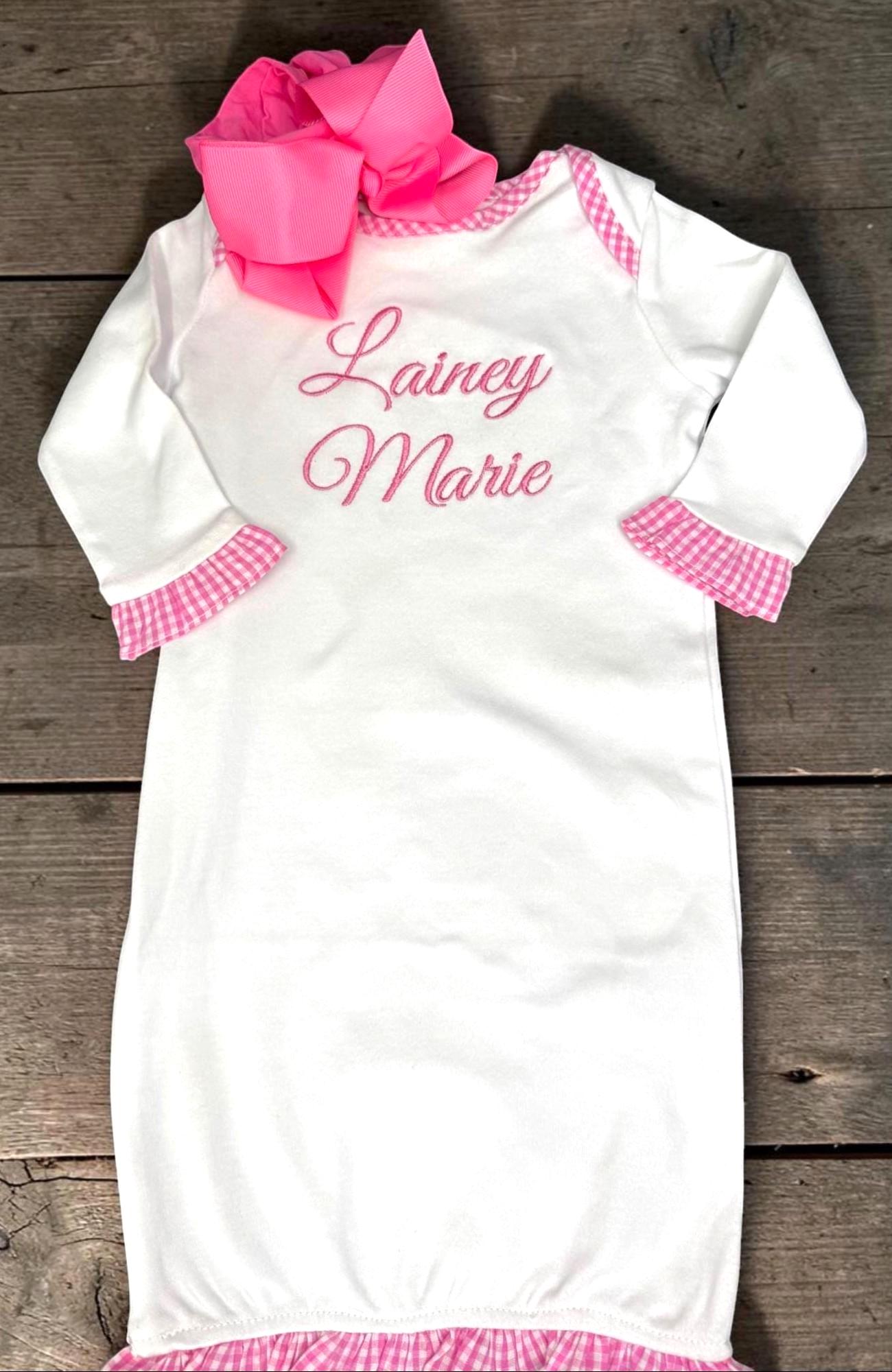Personalized Baby Gown | Pink Gingham Ruffle Cotton Outfit (0-6 Months)