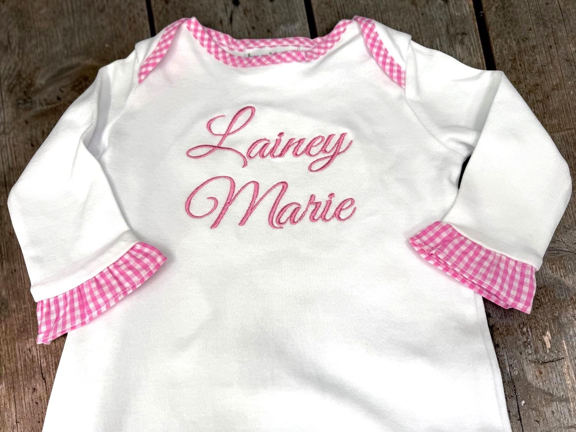 Personalized Baby Gown | Pink Gingham Ruffle Cotton Outfit (0-6 Months)