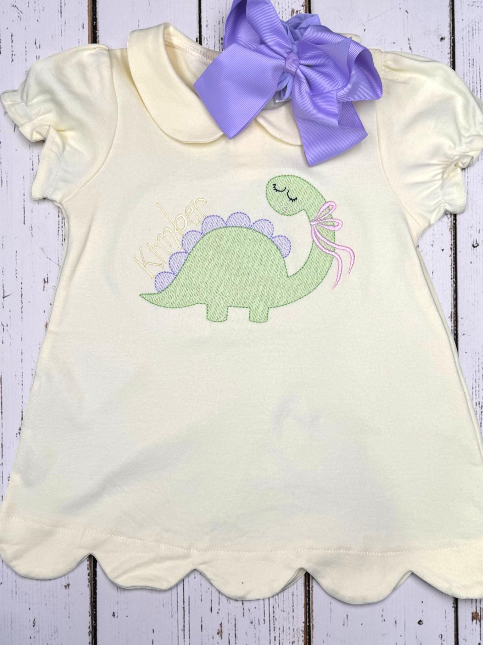 Personalized Dinosaur Girl Outfit, Scalloped Shirt, Gingham Shorts Set