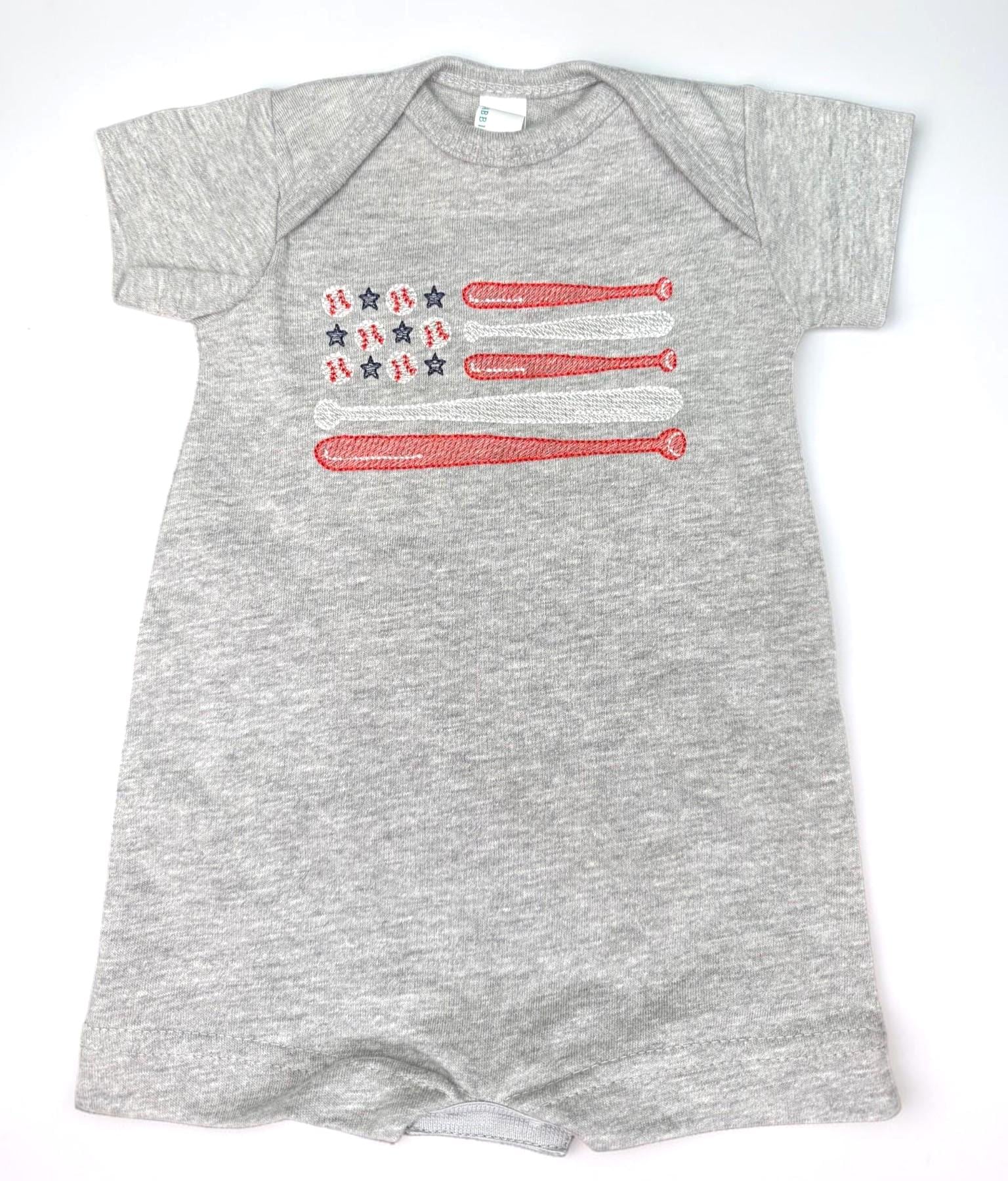 Embroidered Baseball Flag Romper | Patriotic Americana Baby Outfit