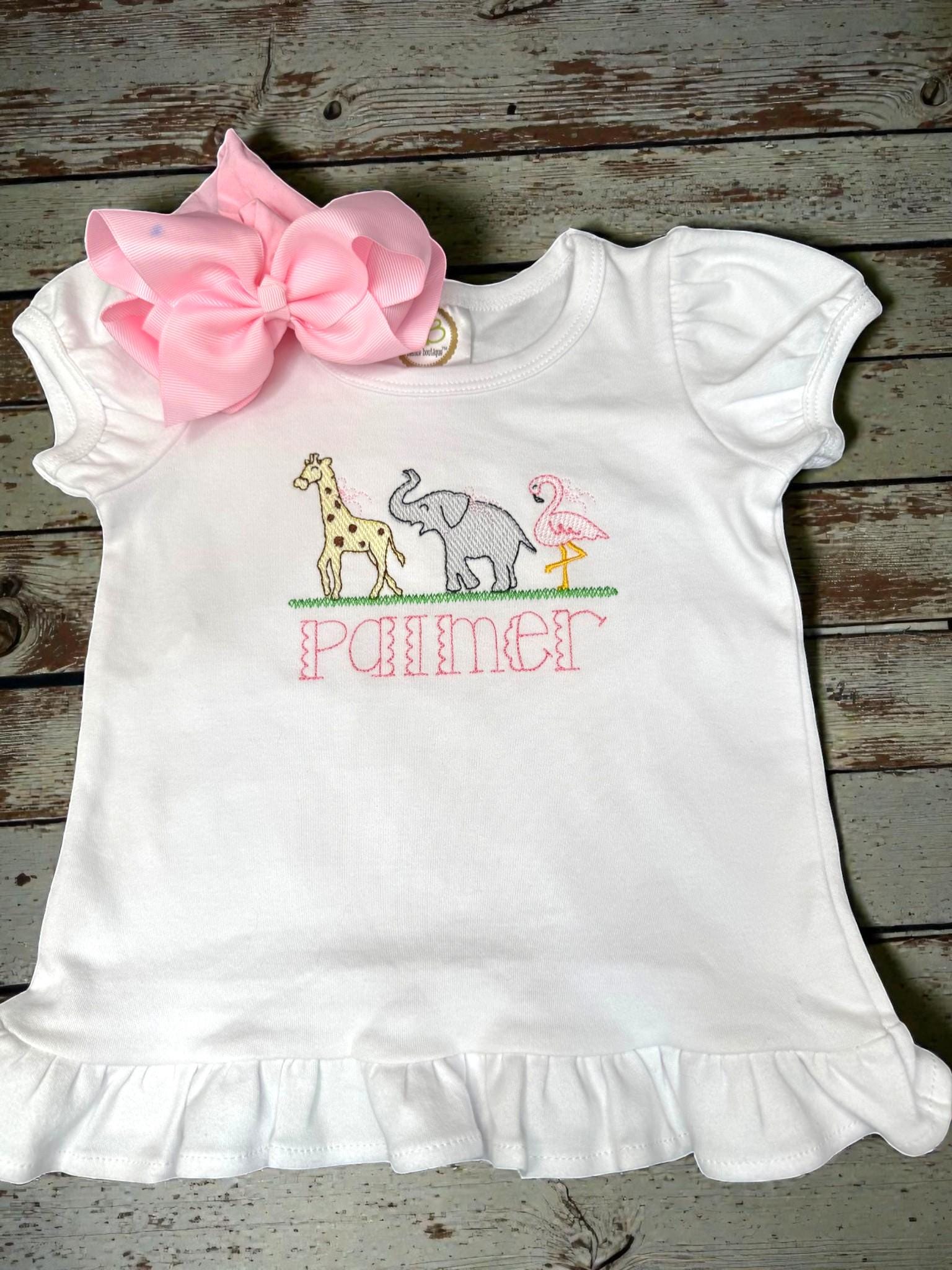 Personalized Safari Animals Ruffle Shirt for Girls | Embroidered Giraffe Elephant Flamingo Top