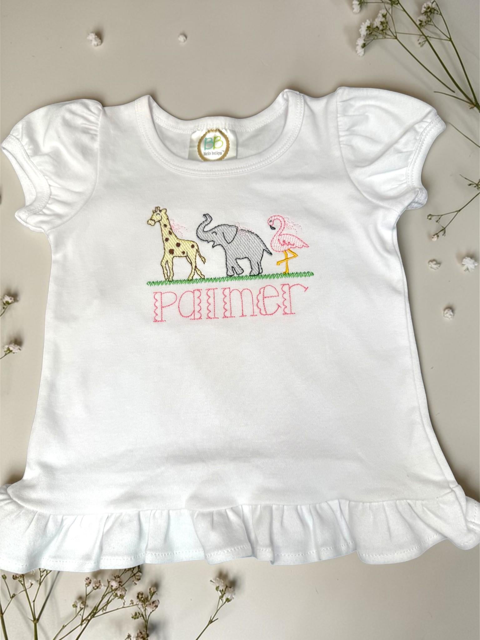 Personalized Safari Animals Ruffle Shirt for Girls | Embroidered Giraffe Elephant Flamingo Top