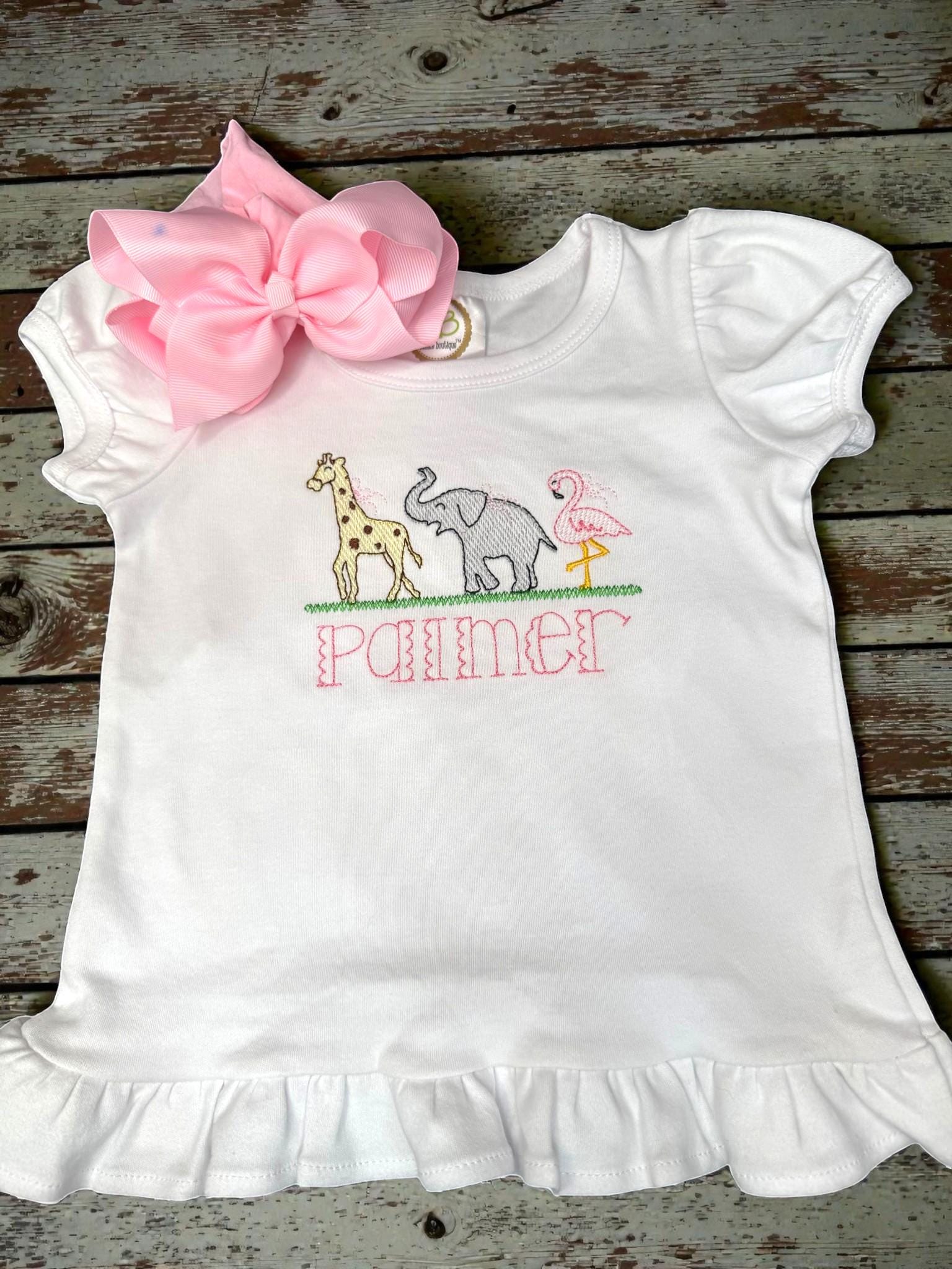 Personalized Safari Animals Ruffle Shirt for Girls | Embroidered Giraffe Elephant Flamingo Top