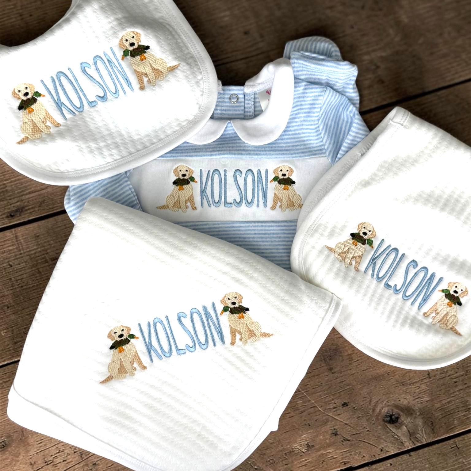 Personalized Puppy Baby Gift Set – Embroidered Jacquard Cotton Bib, Burp Cloth, Blanket